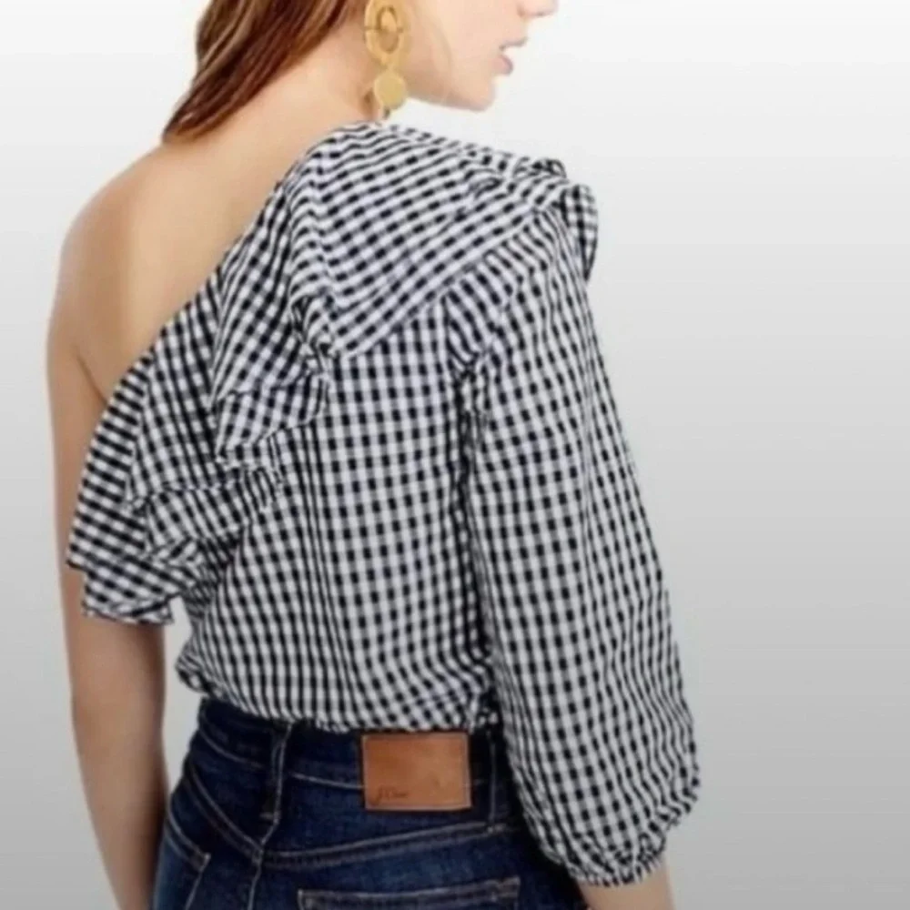 NWT J. Crew Black White Gingham One Shoulder Ruffle‎ Blouse CottageTomato Girl